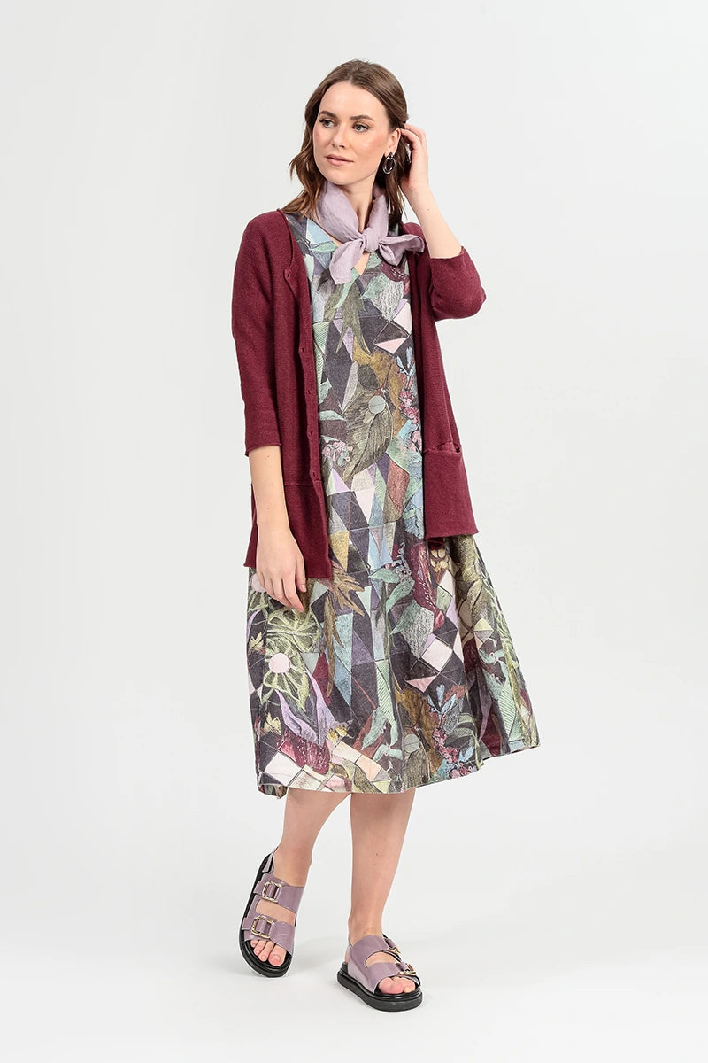 Flared V-Neck Art Mosaic Linen Dress 6