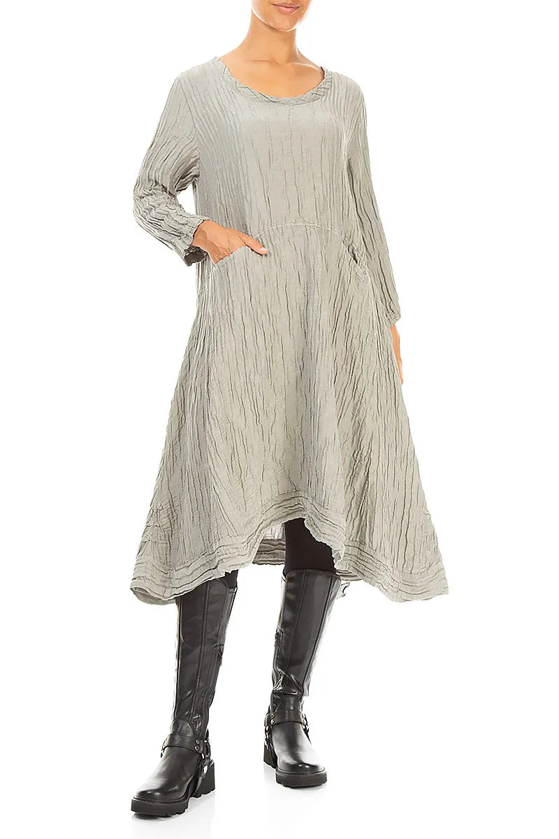 A-Line Olive Grey Crinkled Silk Linen Dress