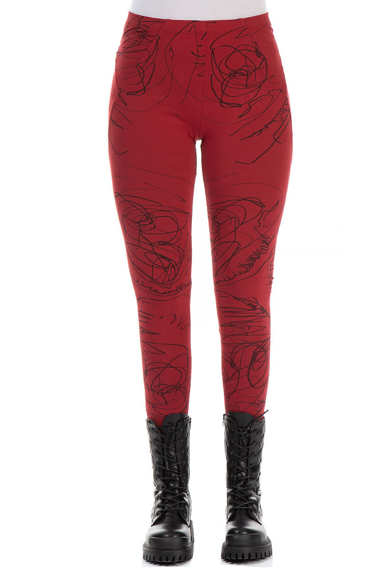 Bordeaux Abstract Draw Cotton Leggings