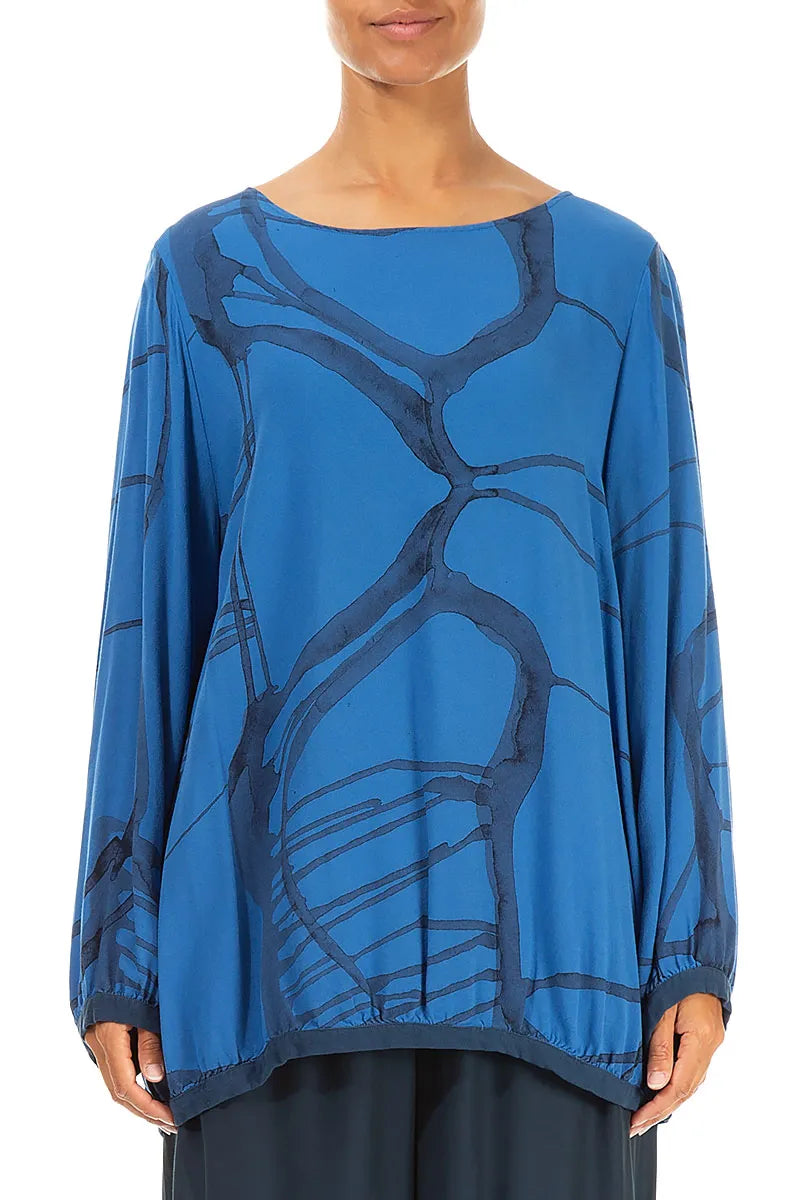 Abstract Lines Cobalt Blue Viscose Blouse 1