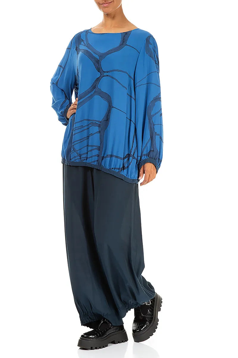 Abstract Lines Cobalt Blue Viscose Blouse 4