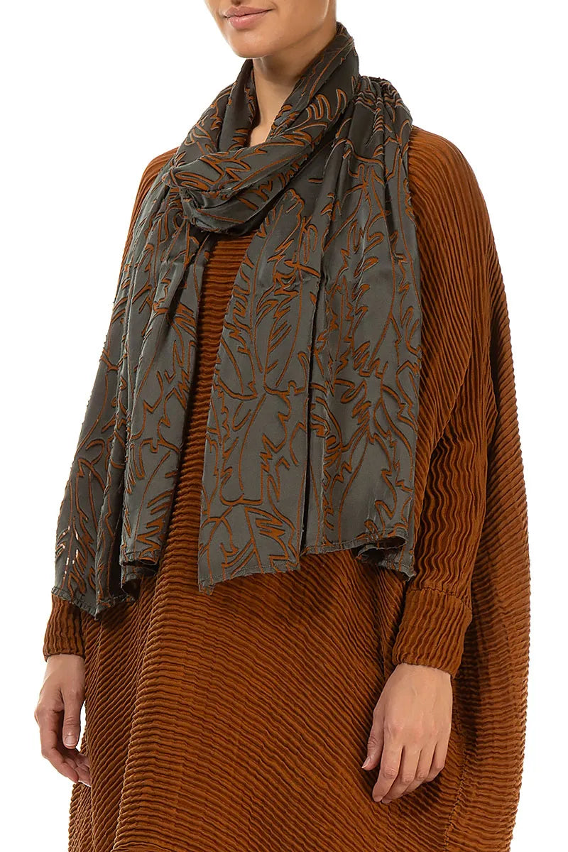 Aged Copper Devoré Feather Silk Scarf 4