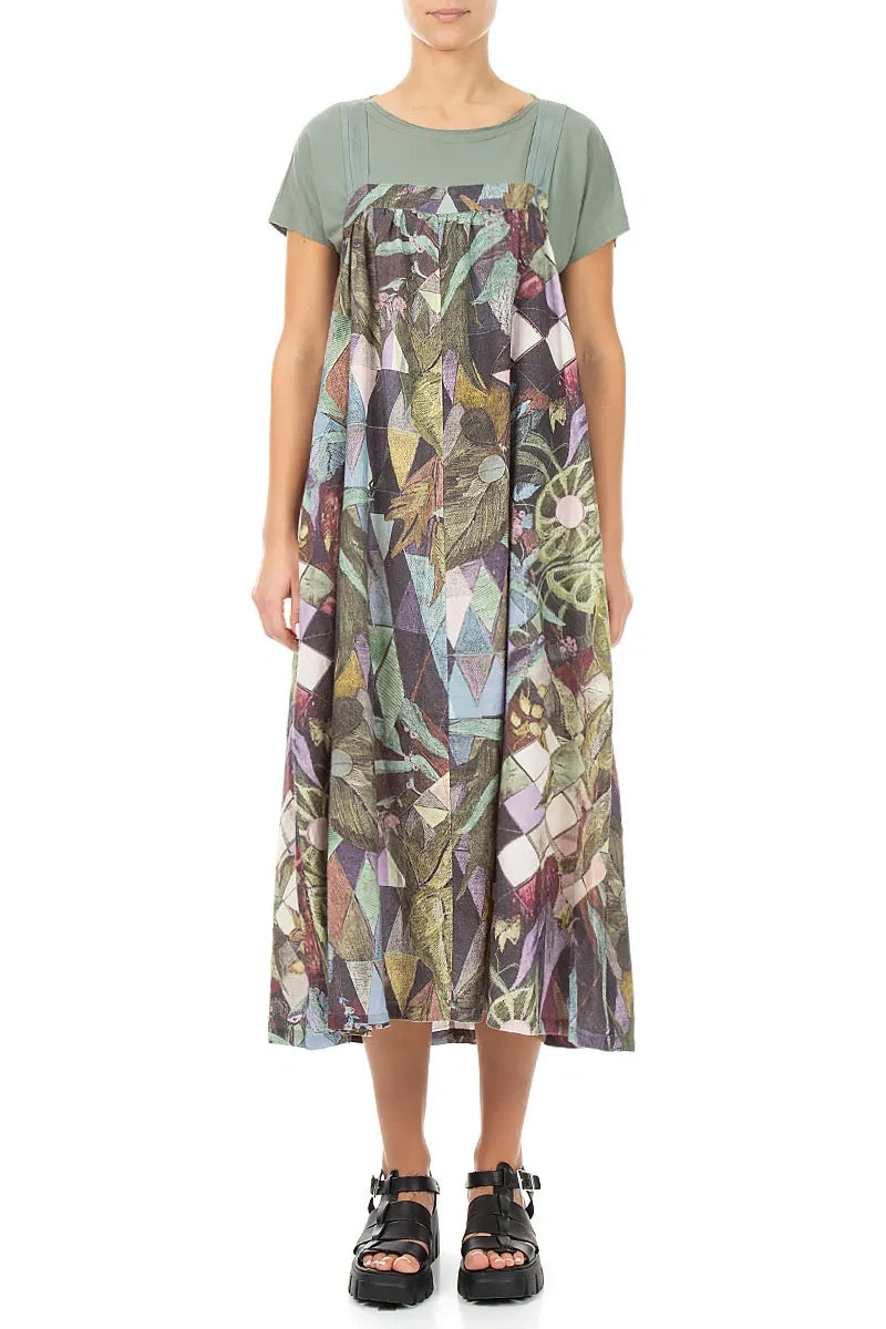 Flared Art Mosaic Linen Pinafore Dress L Flared Art Mosaic Linen Pinafore Dress L