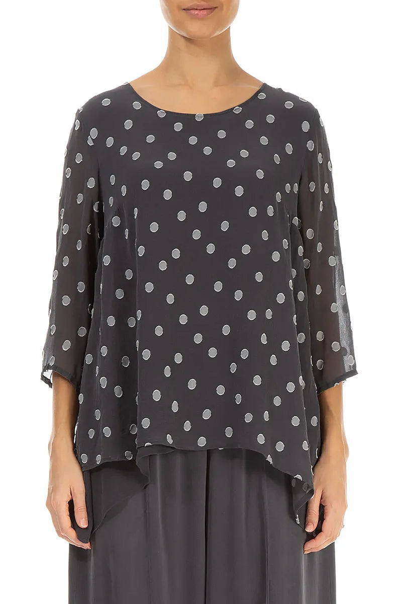 Asymmetric Black Silver Dotty Silk Blouse 1