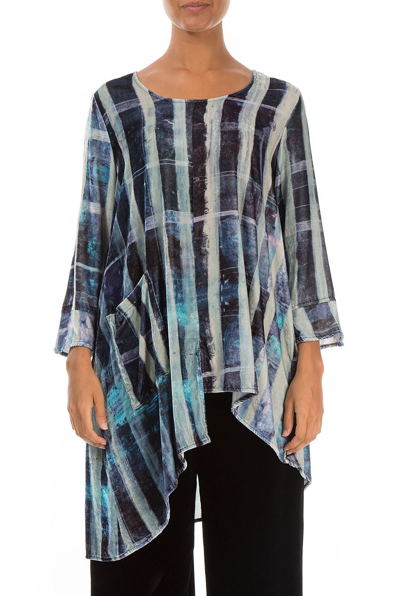 Asymmetric Blue Lines Stretchy Silk Velvet Tunic