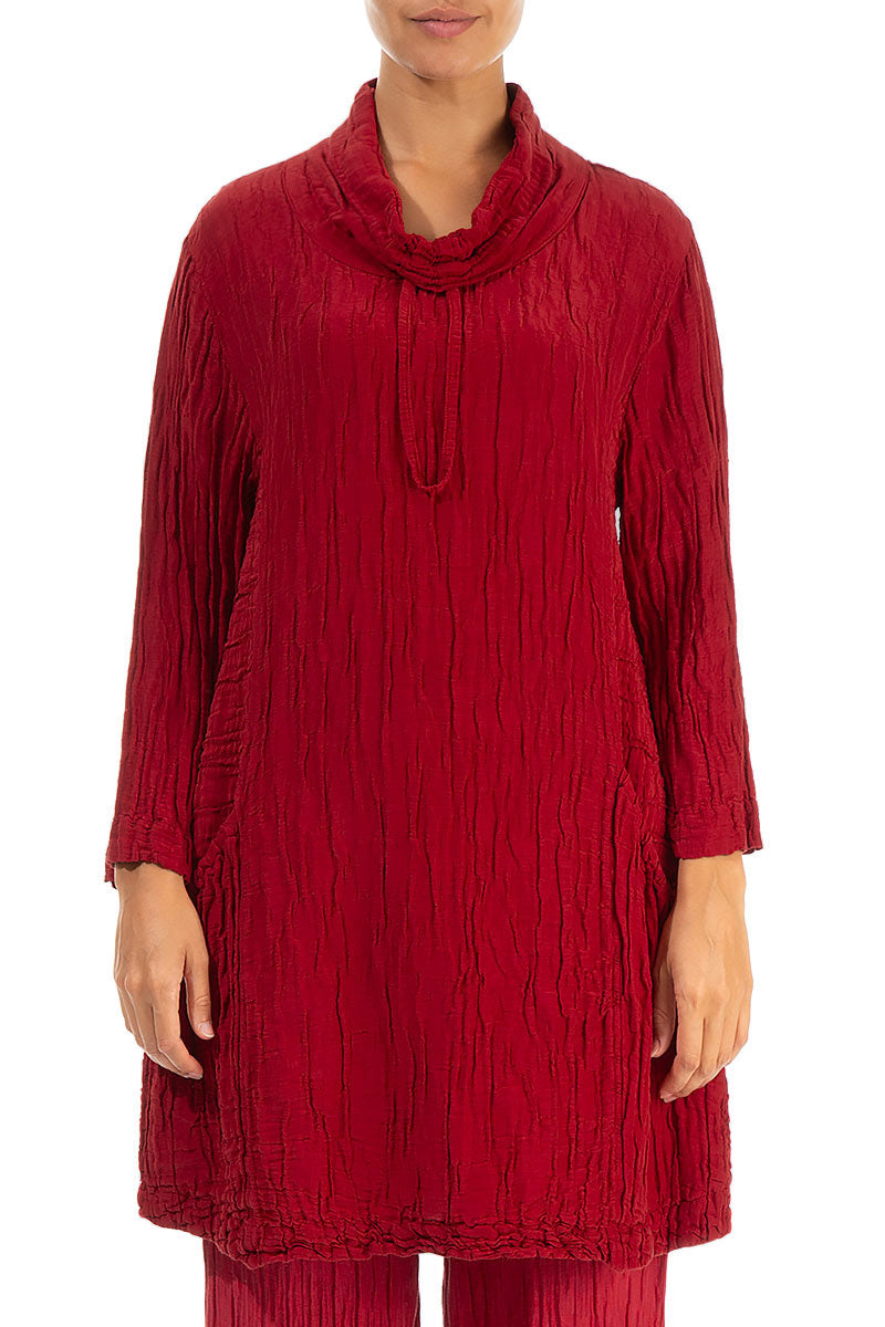Asymmetric Cowl Neck Crinkled Red Silk Linen Tunic
