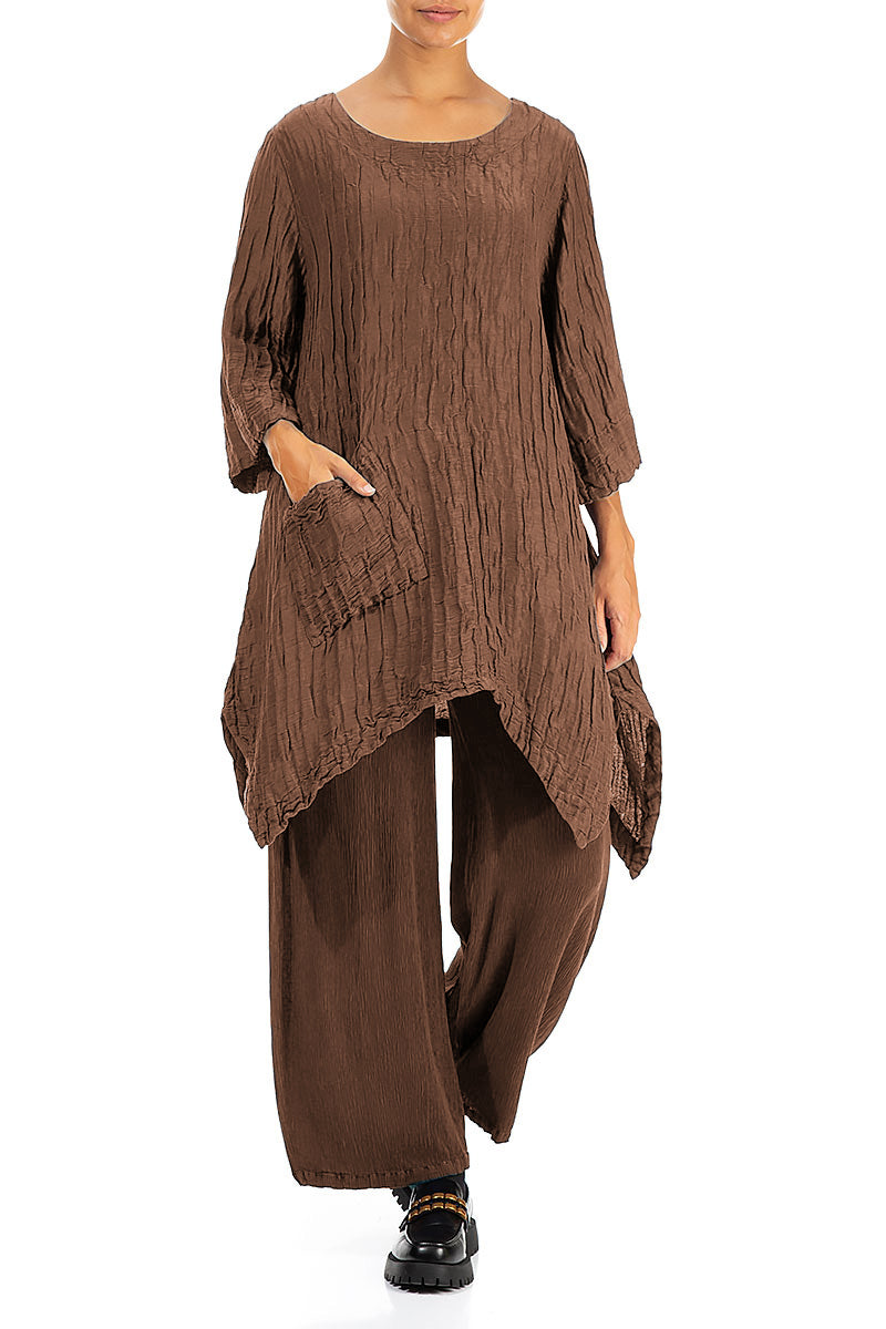 Asymmetric Crinkled Aged Copper Silk Linen Tunic 4