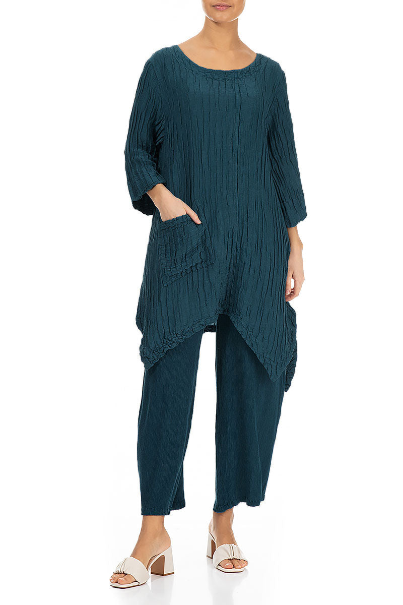 Asymmetric Crinkled Dark Teal Silk Linen Tunic 4