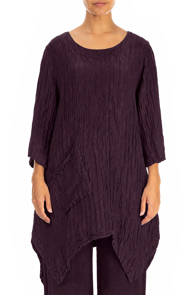 Asymmetric Crinkled Deep Plum Silk Linen Tunic