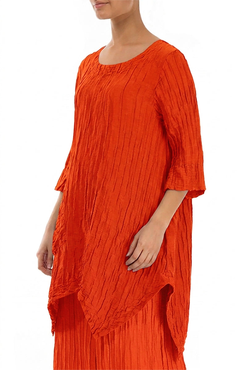 Asymmetric Crinkled Flame Orange Silk Linen Tunic 3