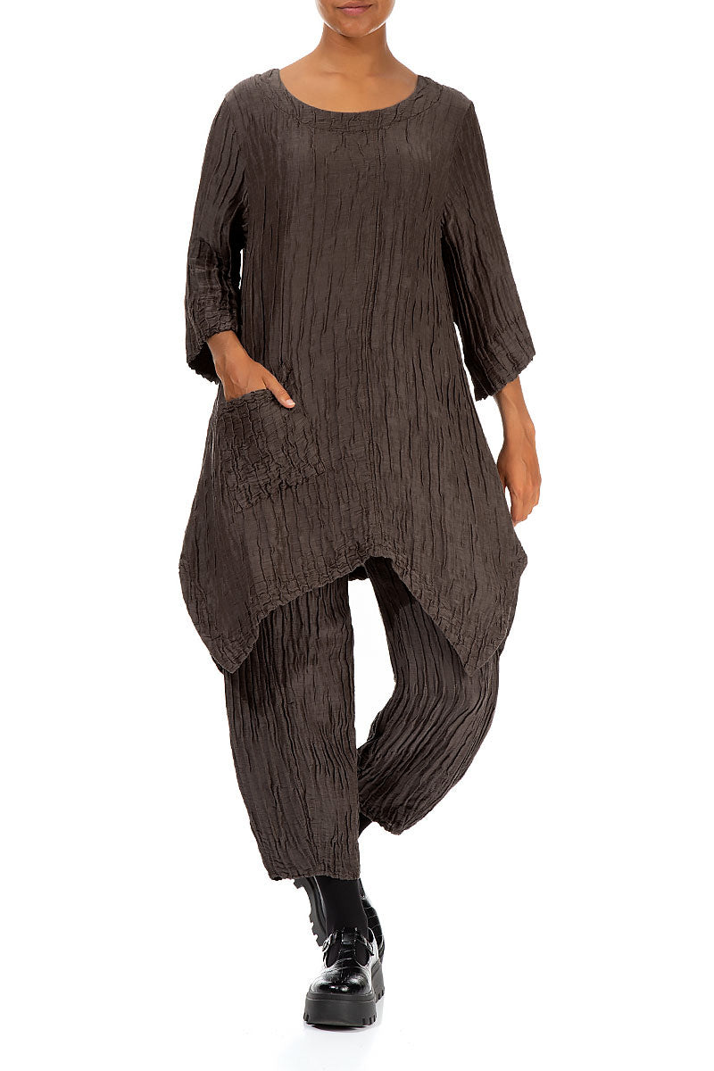 Asymmetric Crinkled Forest Brown Silk Linen Tunic 4