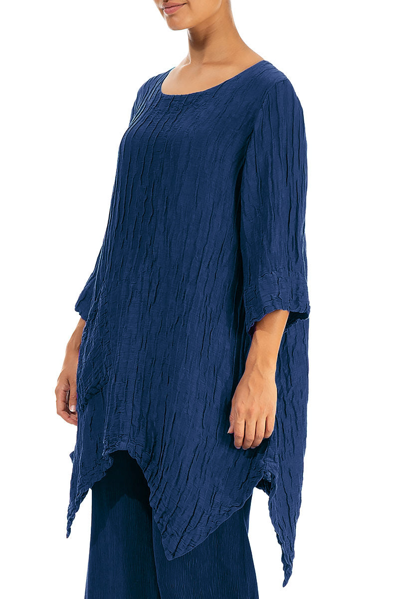 Asymmetric Crinkled Royal Blue Silk Linen Tunic 3