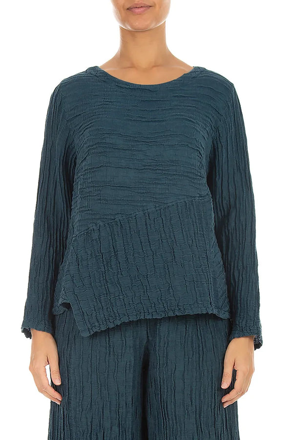 Asymmetric Deep Turquoise Crinkled Silk Linen Blouse 1