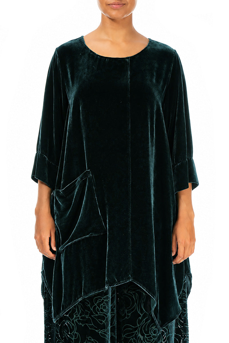 Asymmetric Deep Turquoise Silk Velvet Tunic