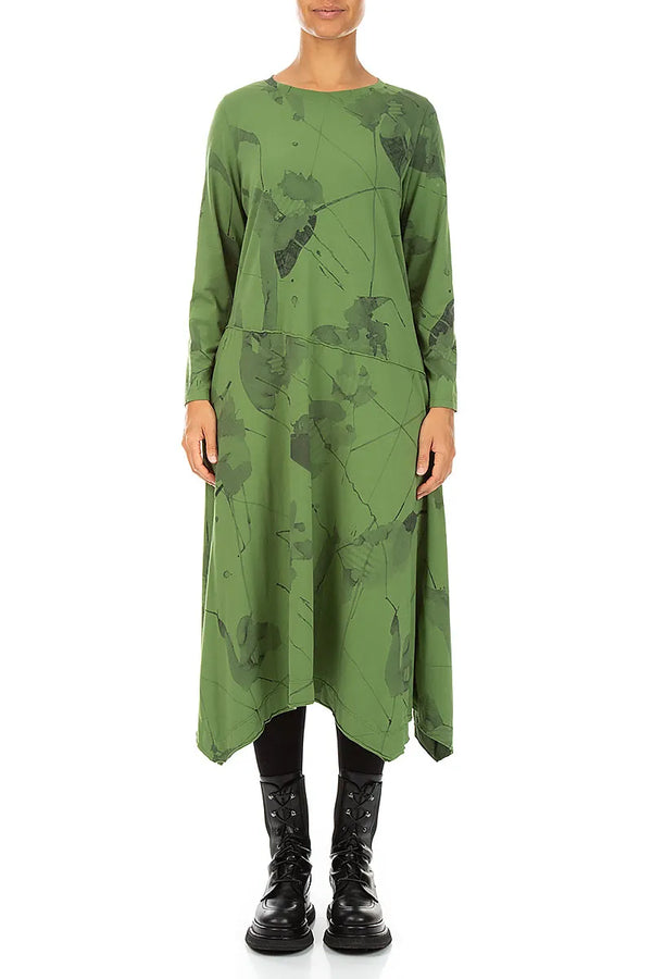 Asymmetric Flared Shamrock Green Mirage Cotton Dress 1