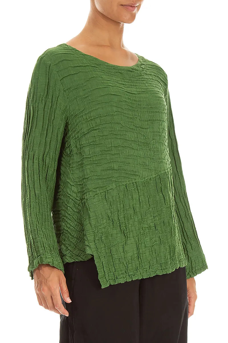 Asymmetric Shamrock Green Crinkled Silk Linen Blouse