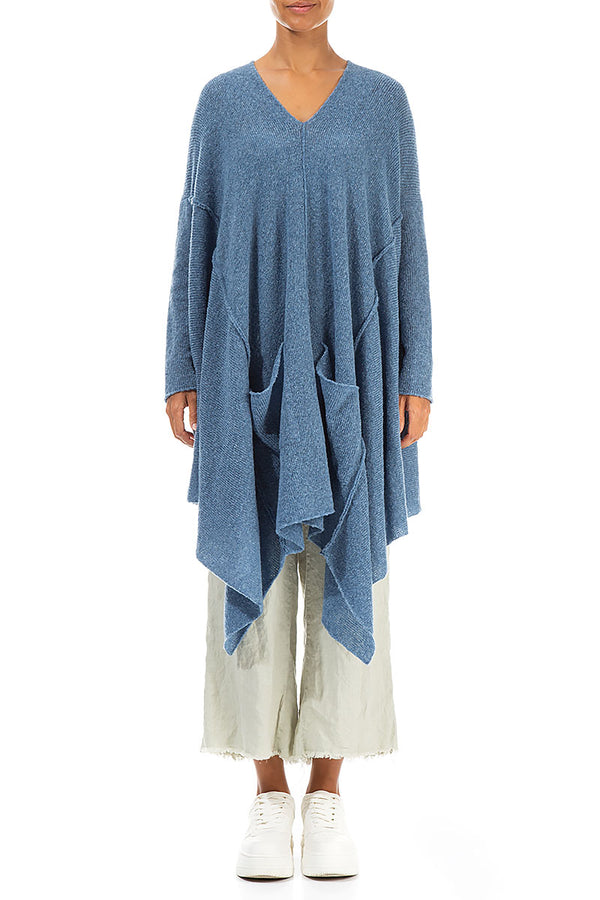 Asymmetrischer Wollpullover mit V-Ausschnitt in Petrolblau