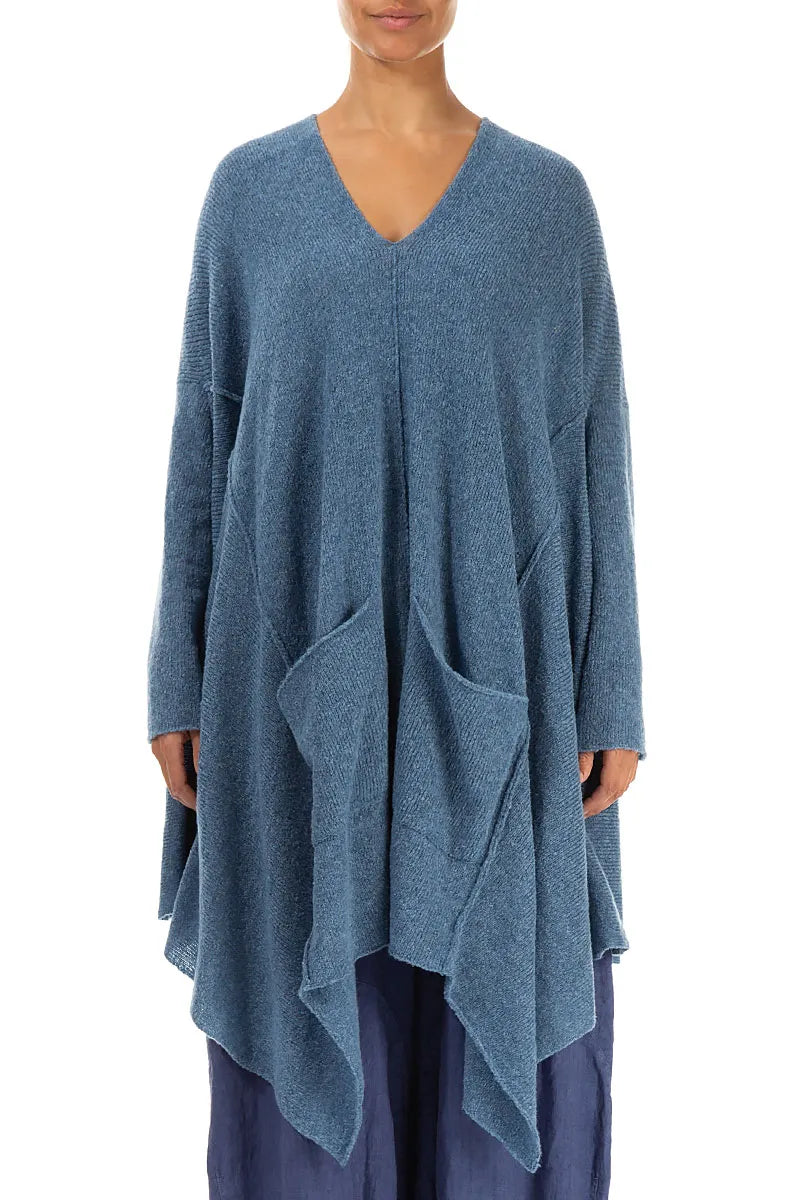 Asymmetric V-Neck Petrol Blue Wool Jumper 1