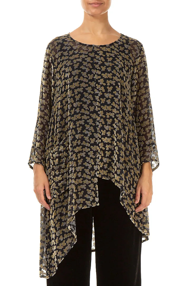 Asymmetrical Devoré Petals Gold Silk Velvet Tunic