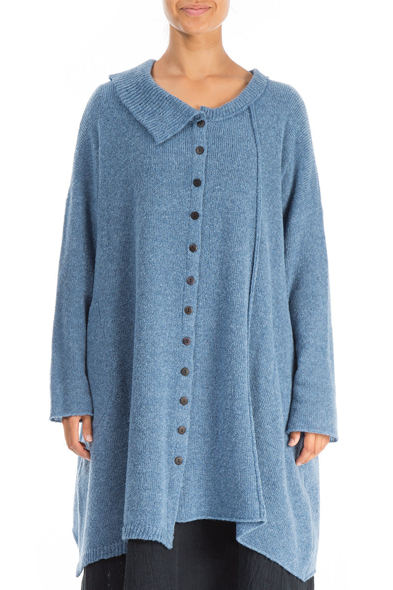 Asymmetrical Petrol Blue Wool Cardigan 1