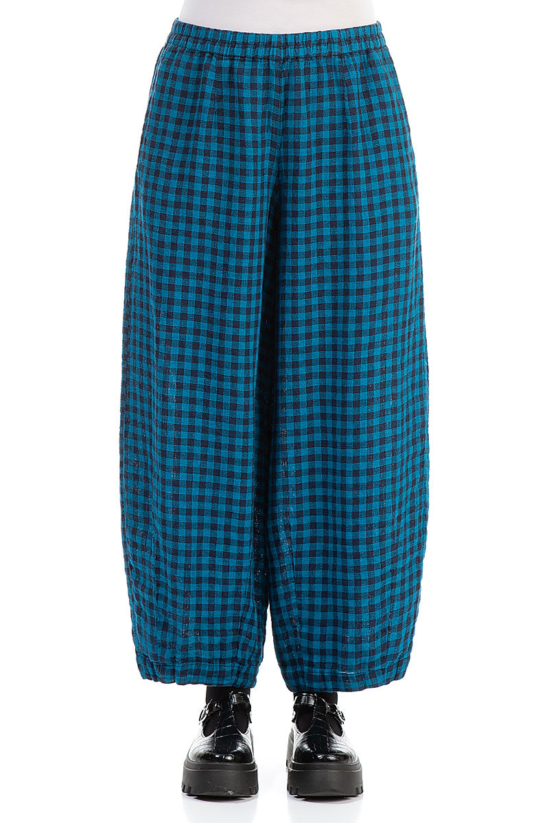 Back Pockets Blue Check Linen Trousers 1