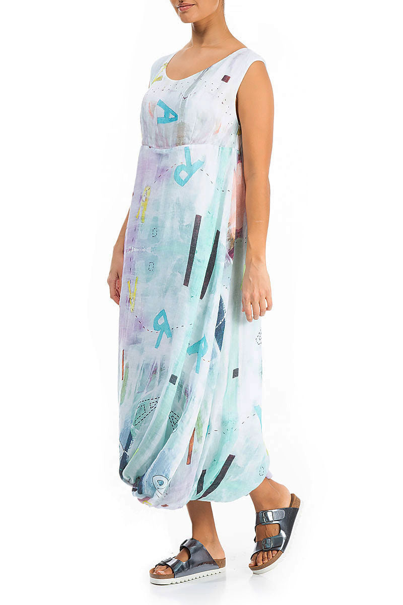 Balloon Hem Graffiti Gauze Linen Dress 3