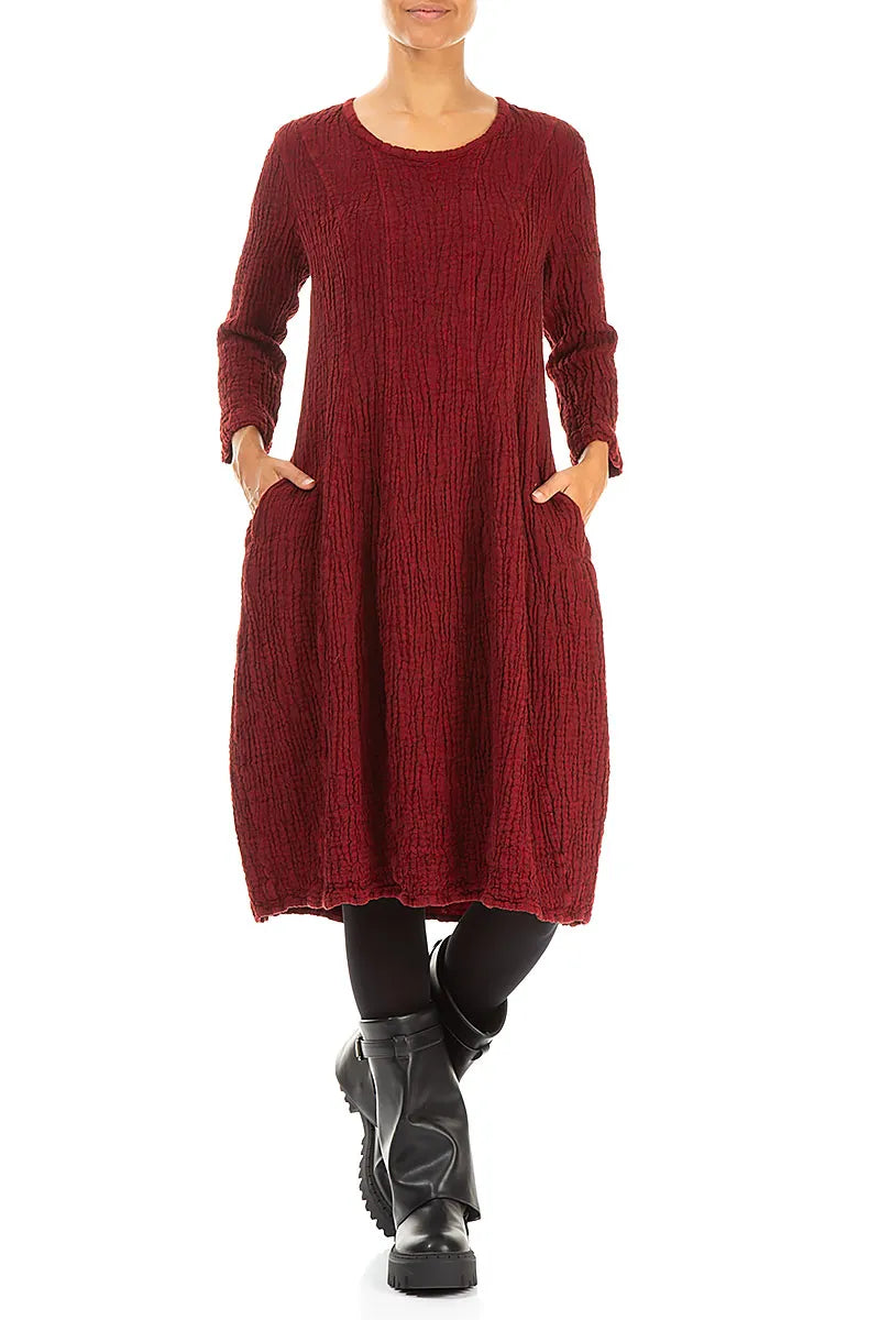 Balloon Cherry Red Textured Linen Dress 4