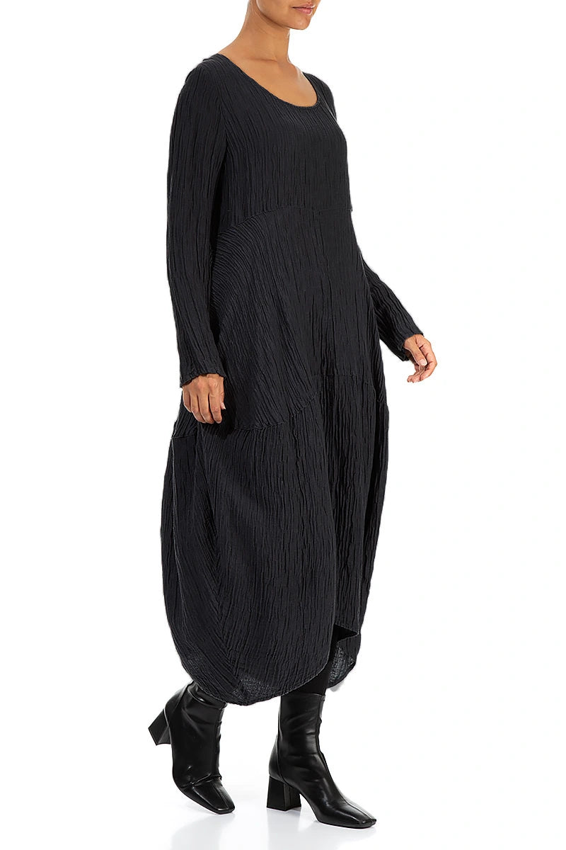 Balloon Crinkled Black Silk Dress 4