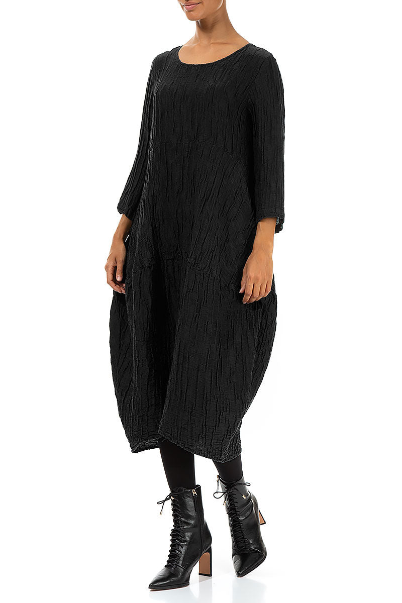 Balloon Crinkled Black Silk Linen Dress 3