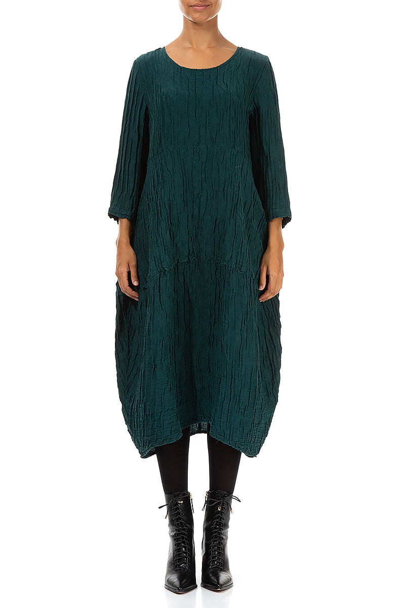 Balloon Crinkled Emerald Silk Linen Dress –