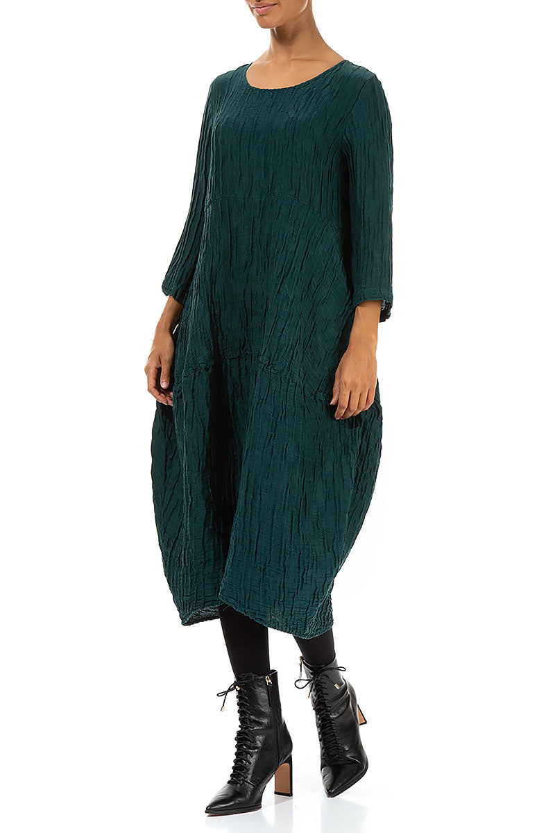 Balloon Crinkled Emerald Silk Linen Dress 3