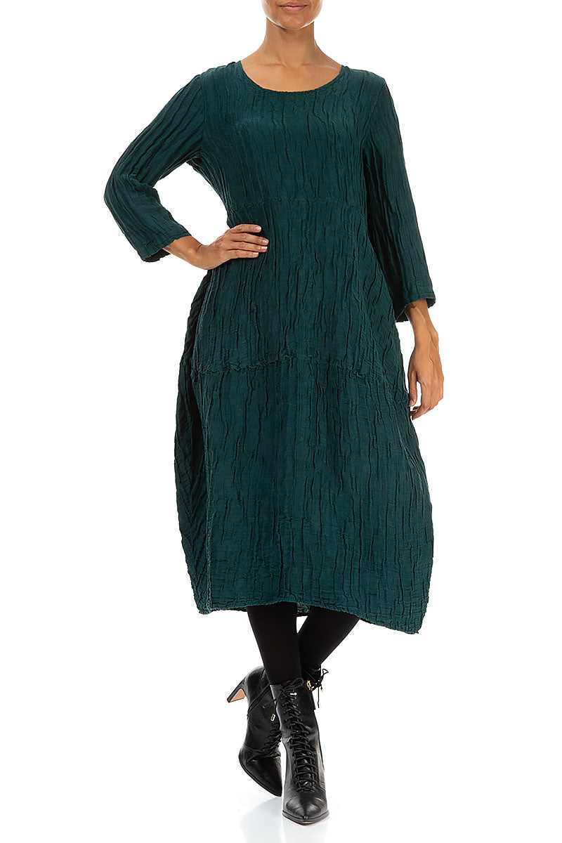 Balloon Crinkled Emerald Silk Linen Dress 4
