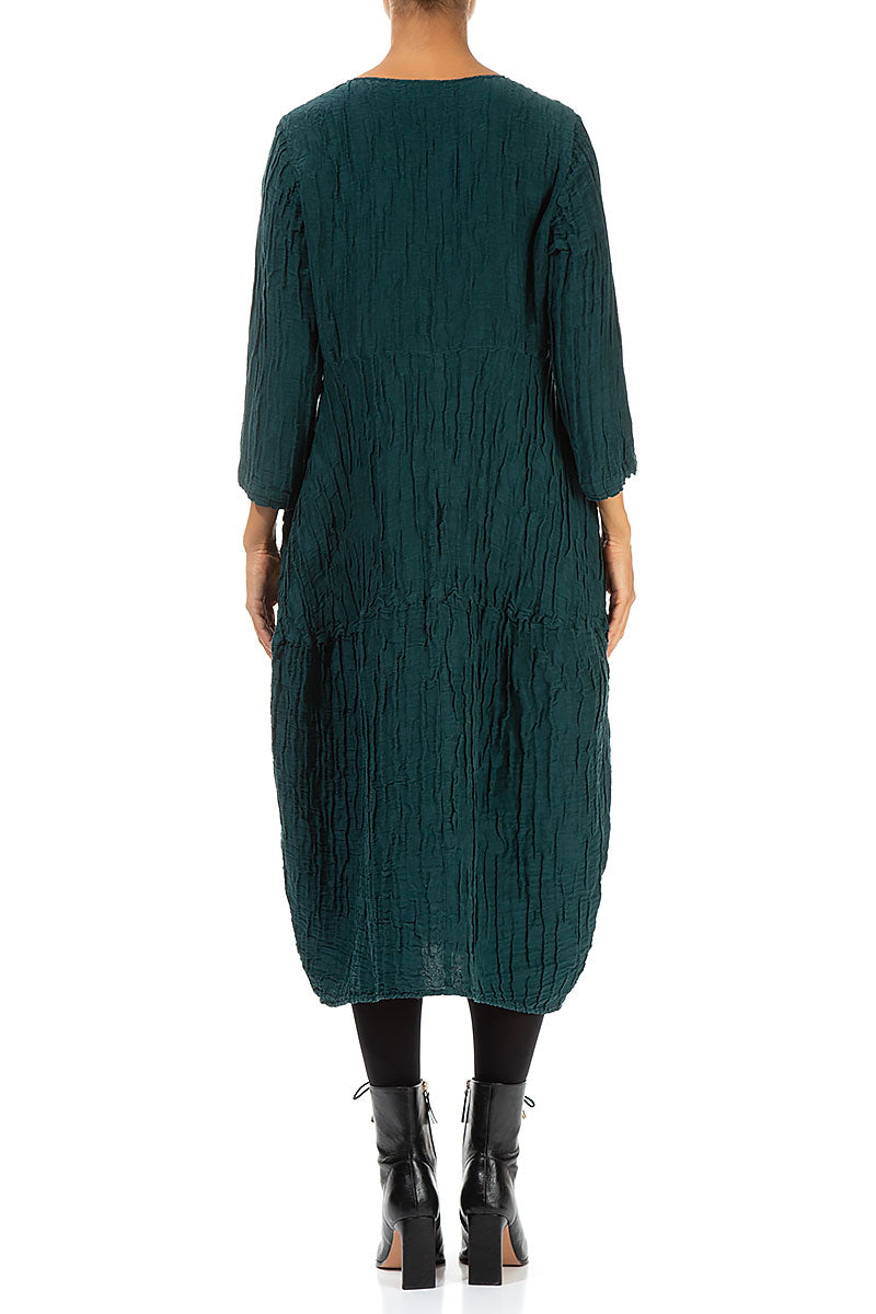 Balloon Crinkled Emerald Silk Linen Dress 2