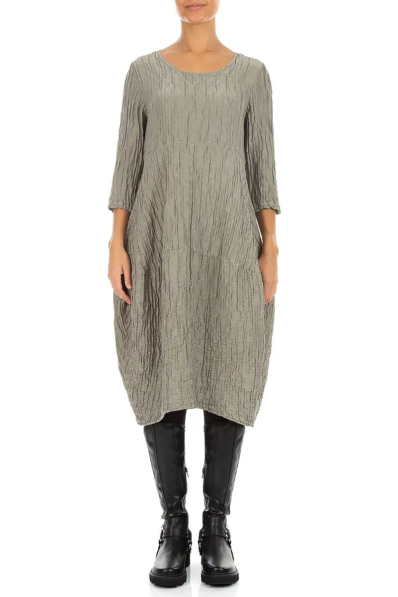 Balloon Crinkled Olive Grey Silk Linen Dress