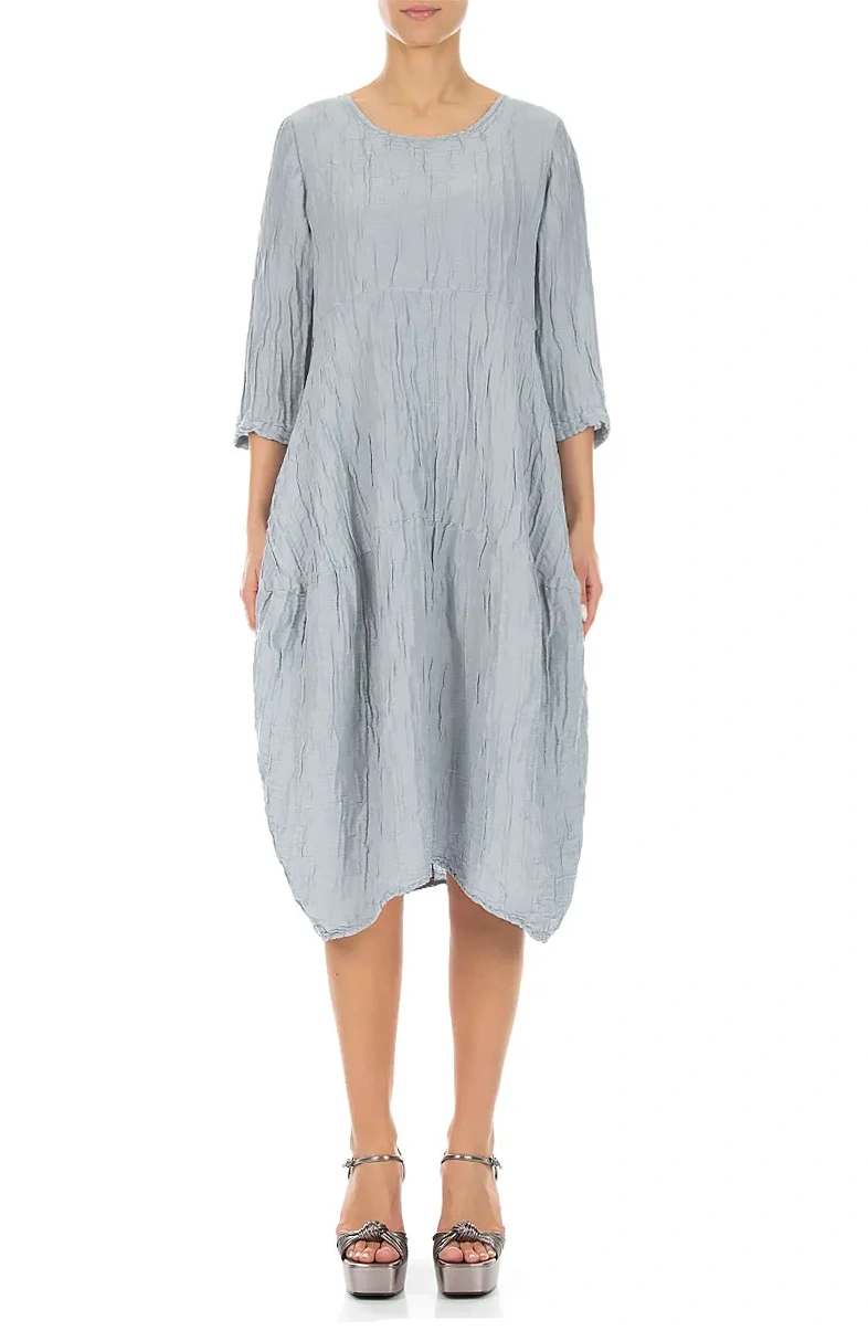 Balloon Crinkled Silver Grey Silk Linen Dress M