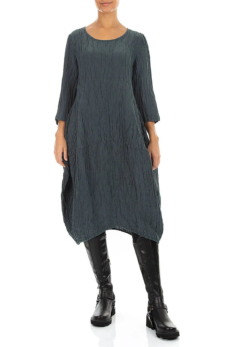 Balloon Crinkled Slate Silk Linen Dress