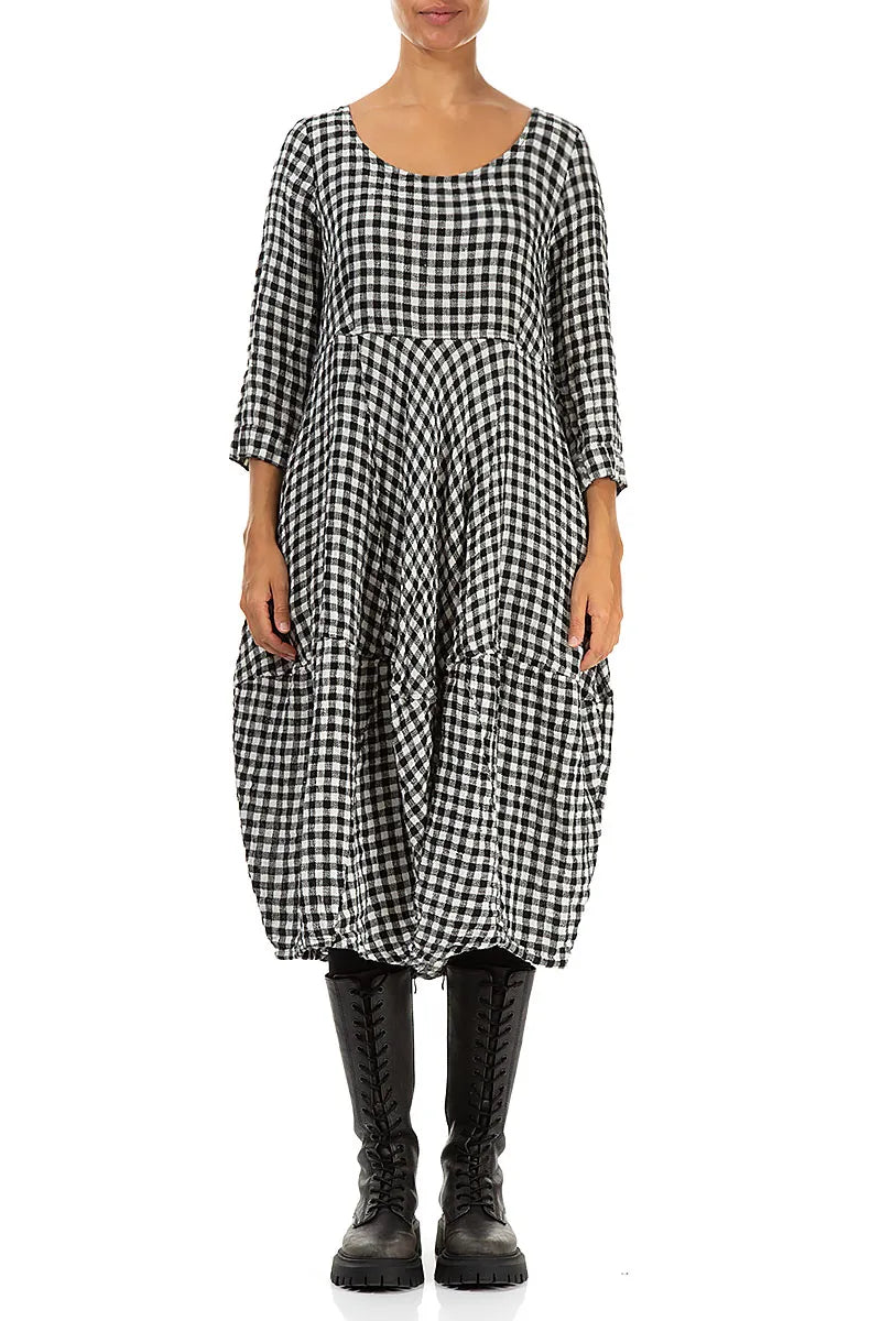 Balloon Cropped Sleeves Black & White Check Linen Dress 1