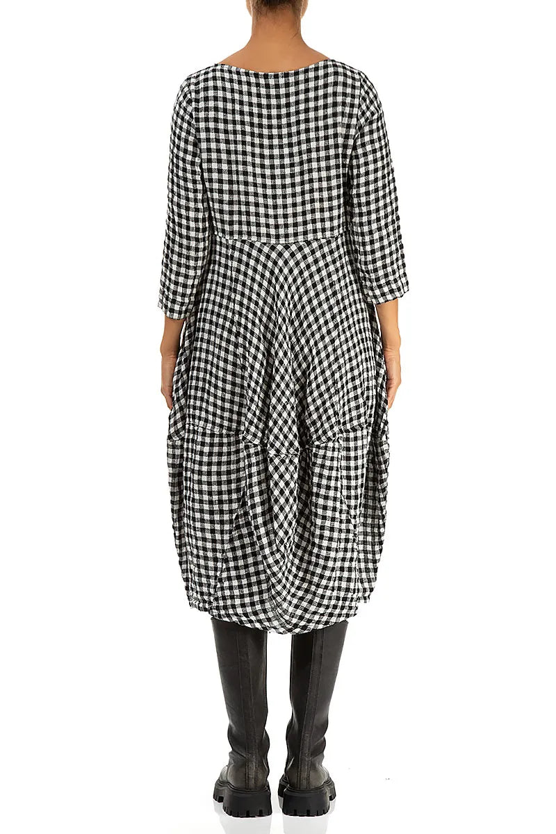 Balloon Cropped Sleeves Black & White Check Linen Dress 2