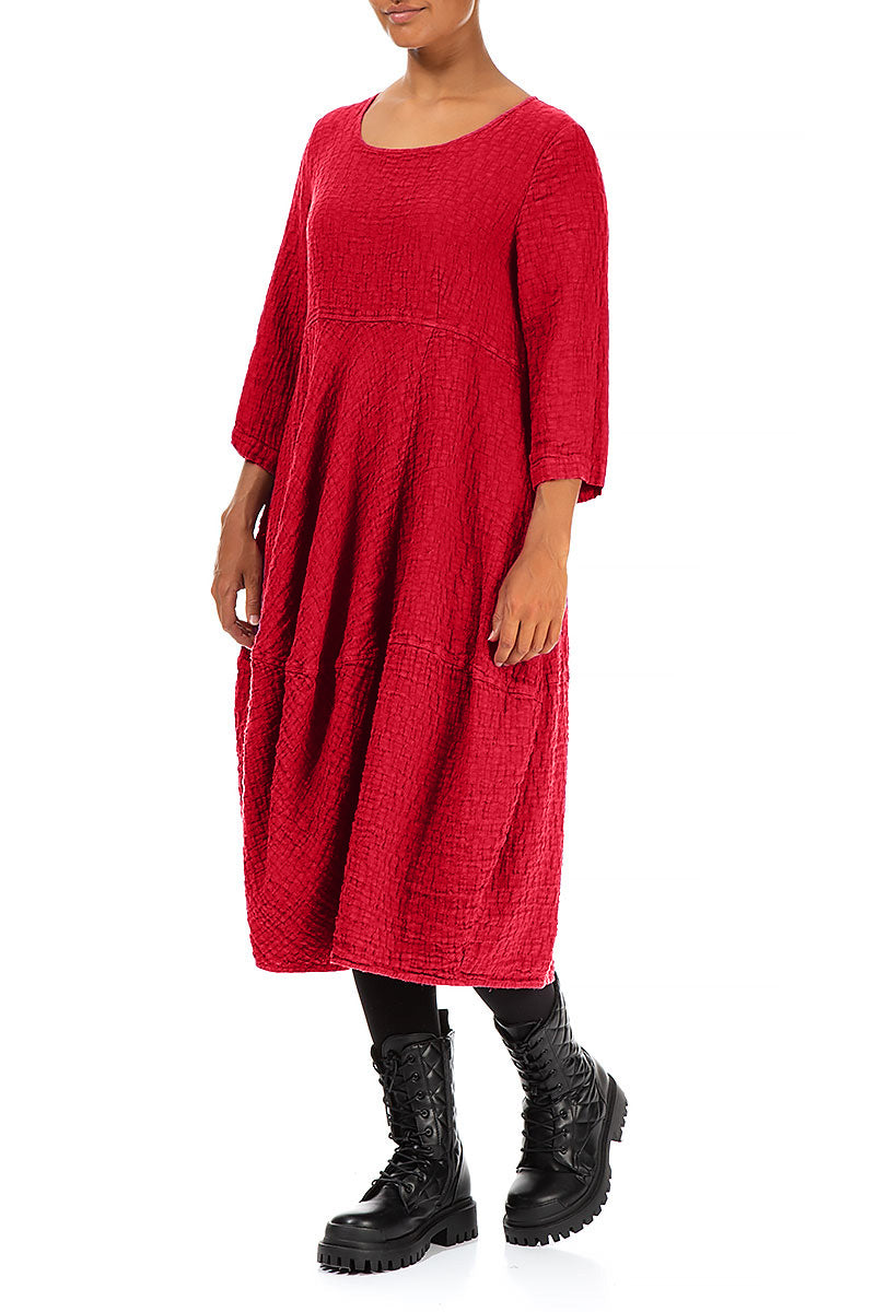 Balloon Cropped Sleeves Cherry Red Textured Linen Dress 3