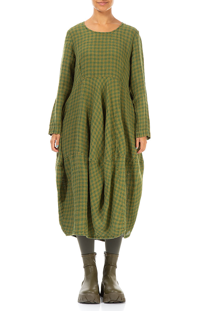 Balloon Green Lime Check Linen Dress 1