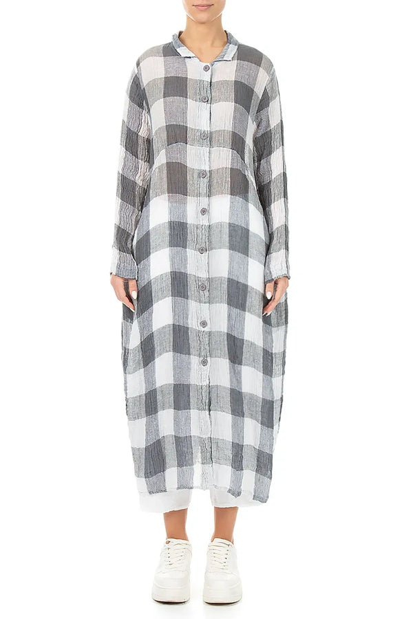 Balloon Large Check White Gauze Linen Jacket Dress 1