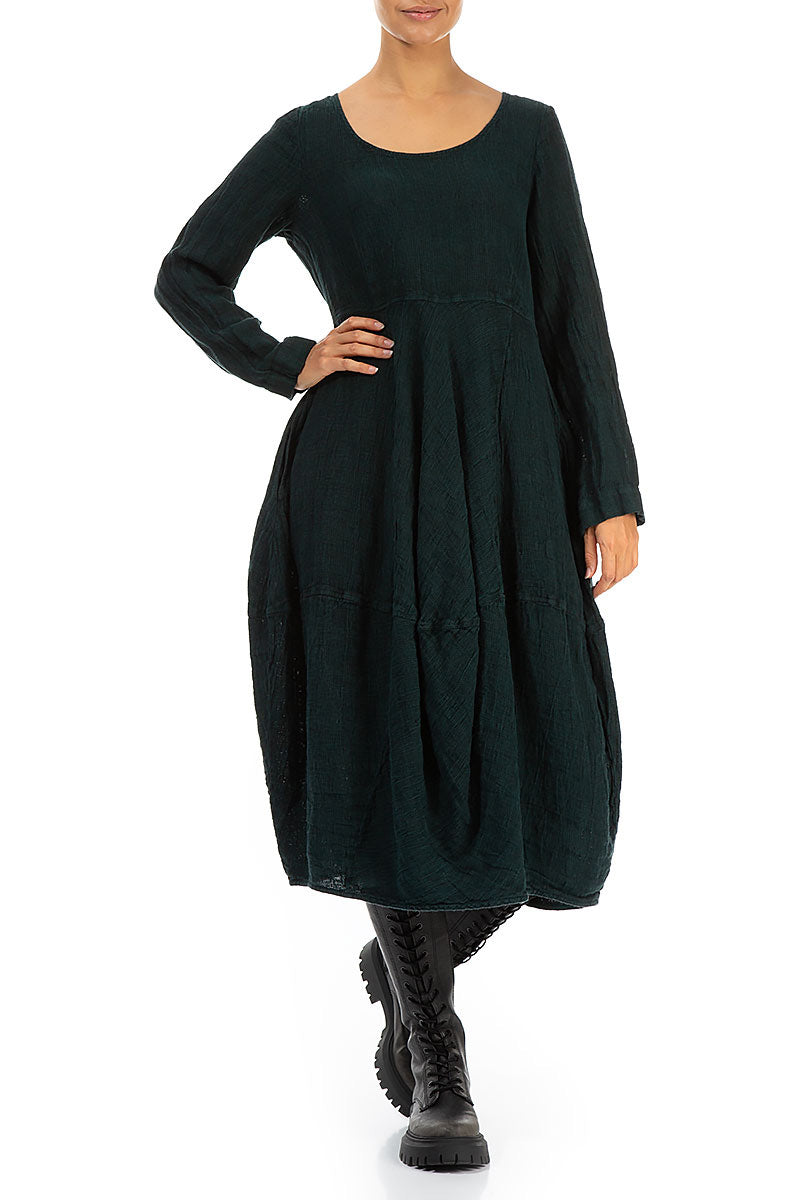 Balloon Long Sleeves Emerald Mélange Linen Dress 4