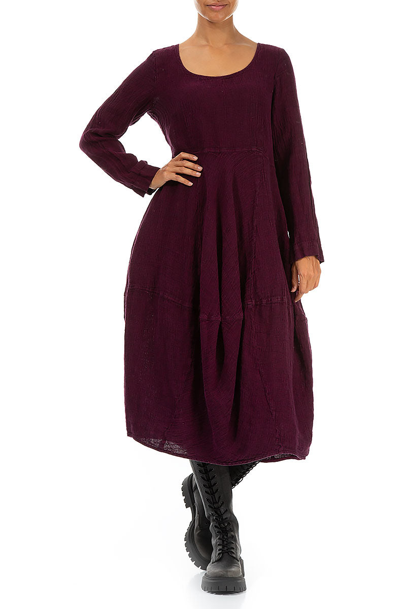 Balloon Long Sleeves Magenta Mélange Linen Dress 4