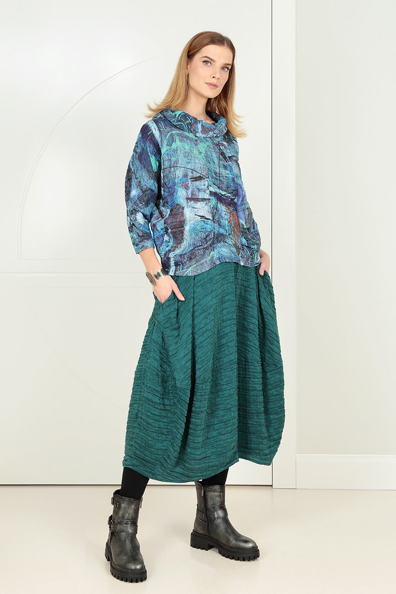 Balloon Shape Crinkled Peacock Silk Linen Skirt 6