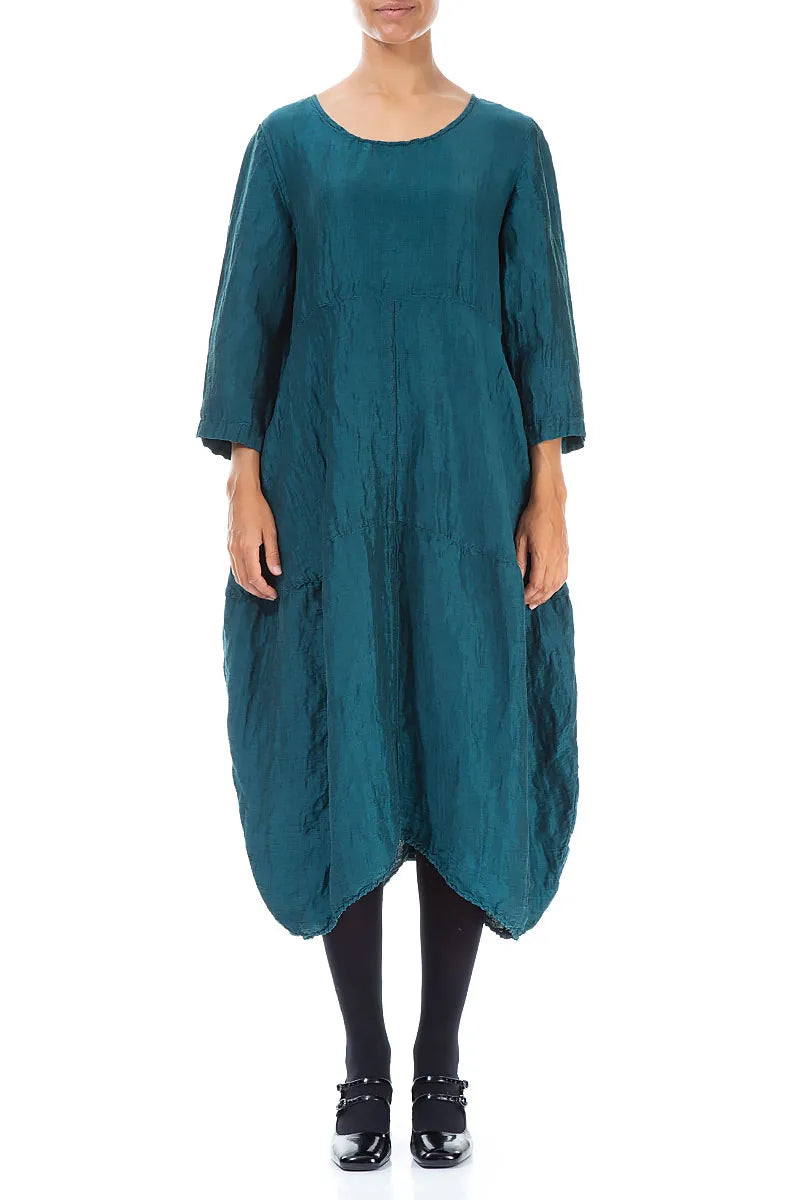 Balloon Textured Peacock Silk Linen Dress 1