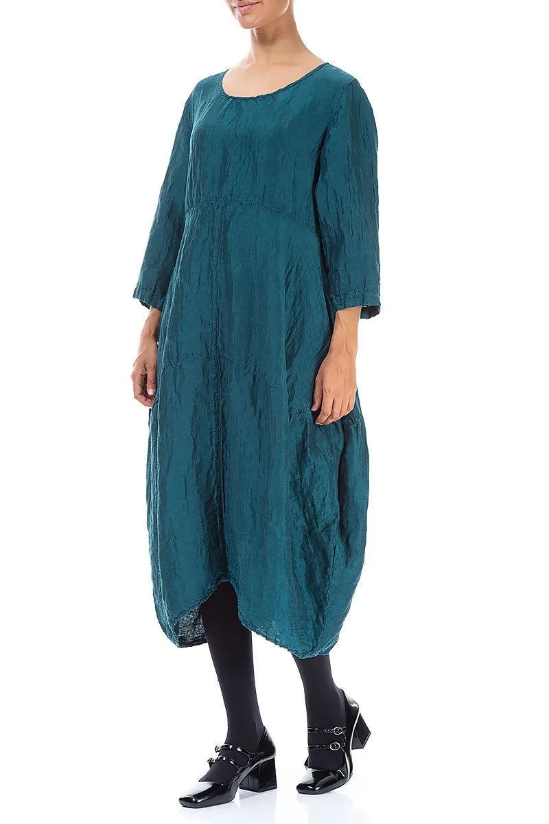 Balloon Textured Peacock Silk Linen Dress 3