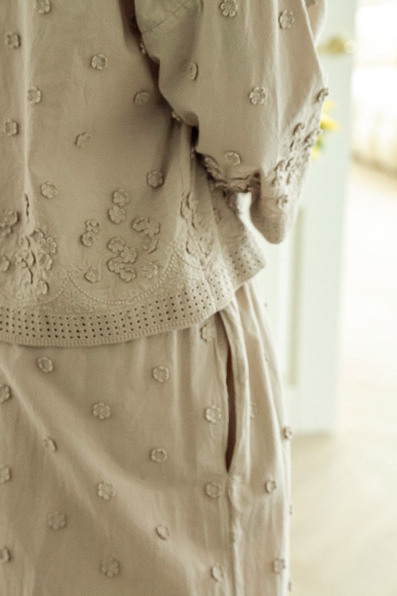 Beige Floral Embroidered Cotton Trousers 7