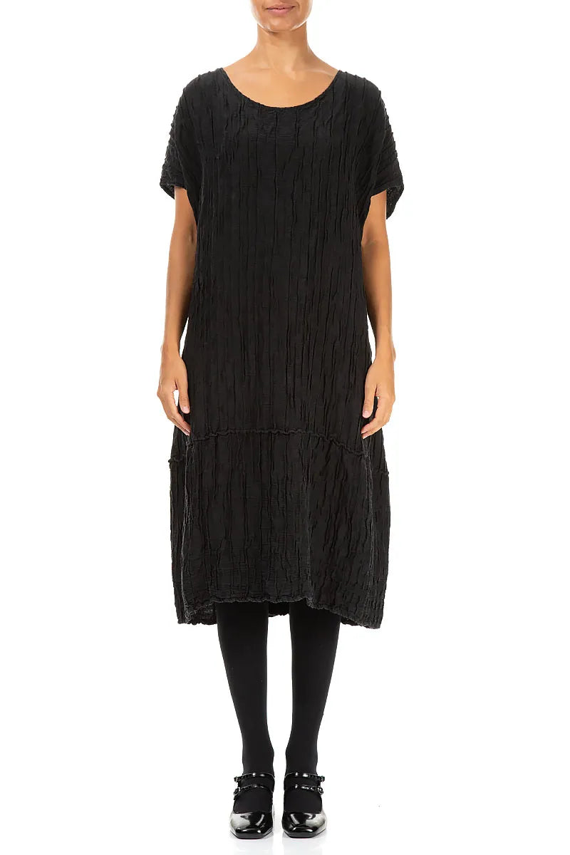Black Crinkled Silk Linen Dress