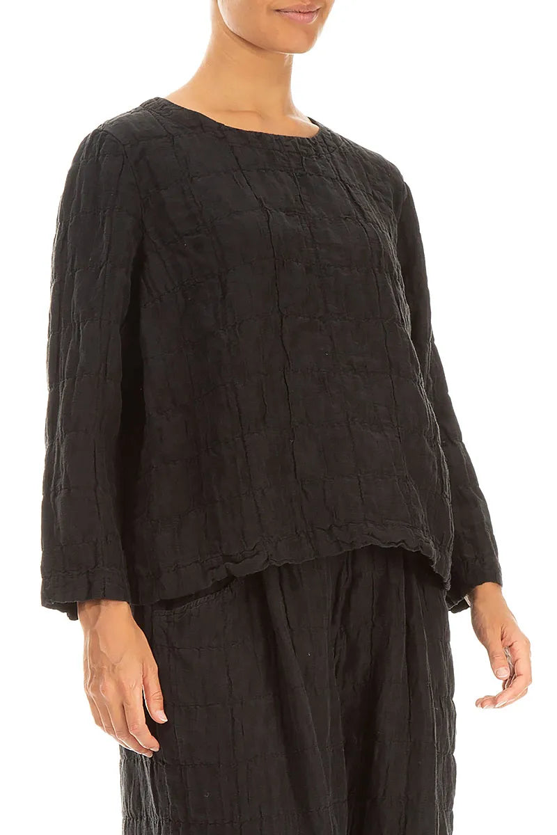 Black Pleated Silk Linen Blouse 3