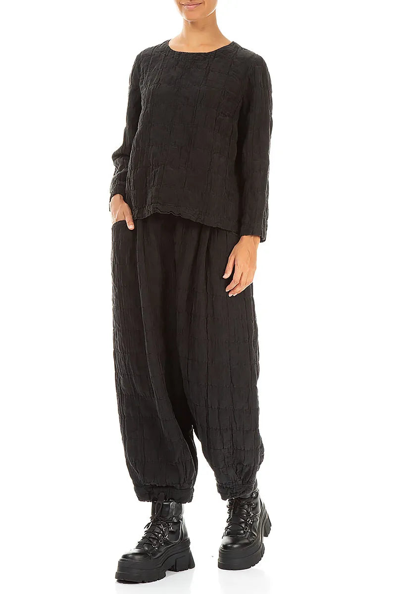 Black Pleated Silk Linen Blouse 4